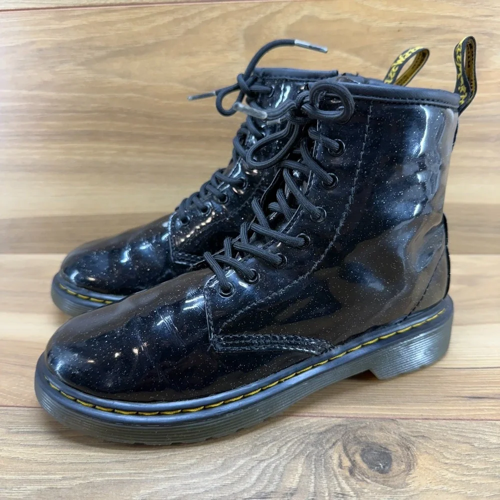 Dr Martens Big Girls Youth Size 3 Black Glitter Patent Leather Combat Boots 1460